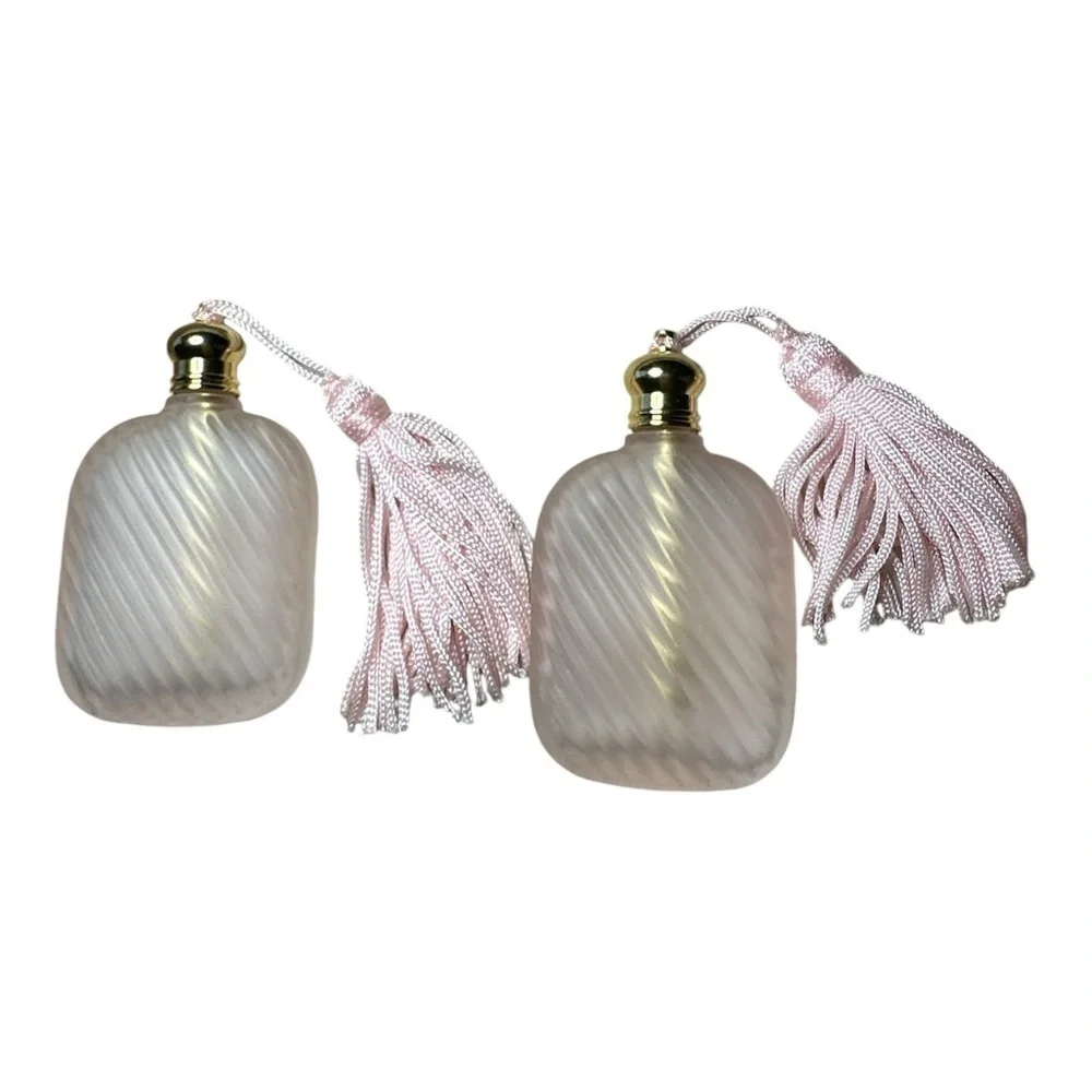 Set Of Three Light Frosted Pink Glass Art Studio Mini Perfume Bottle W/ Tassels - Picture 5 of 7